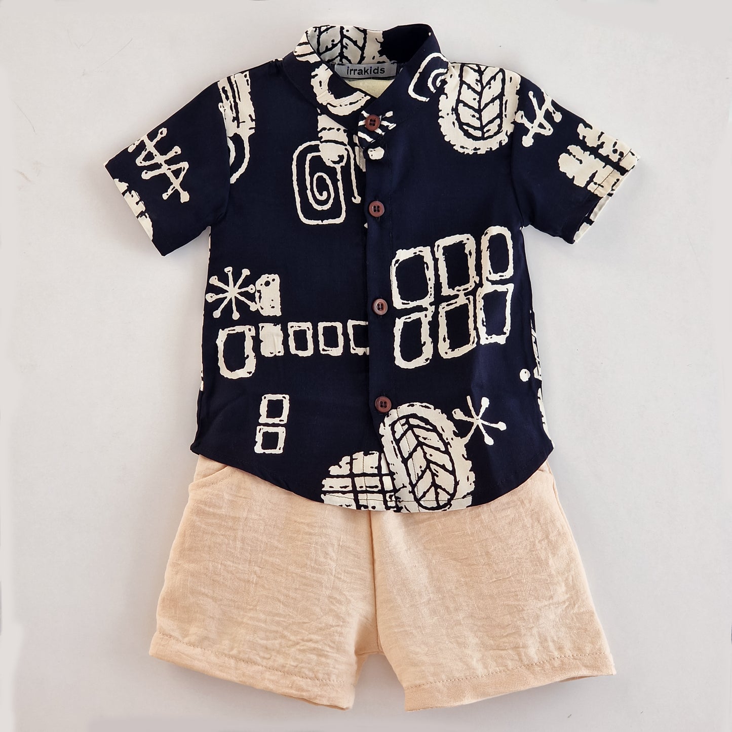 Boys' Summer Set – Black Graphic Shirt & Beige Shorts | Cool & Comfy