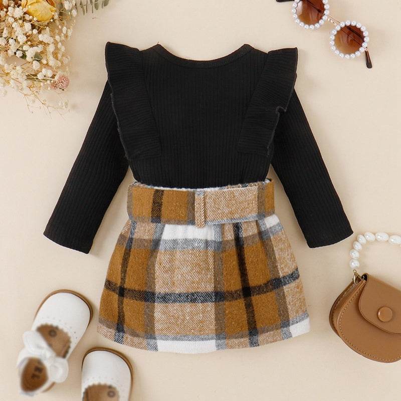 trendy 2Pcs Autumn Ensemble – Stylish Long Sleeve Tops and Playful Plaid Skirts - IRRAKIDS