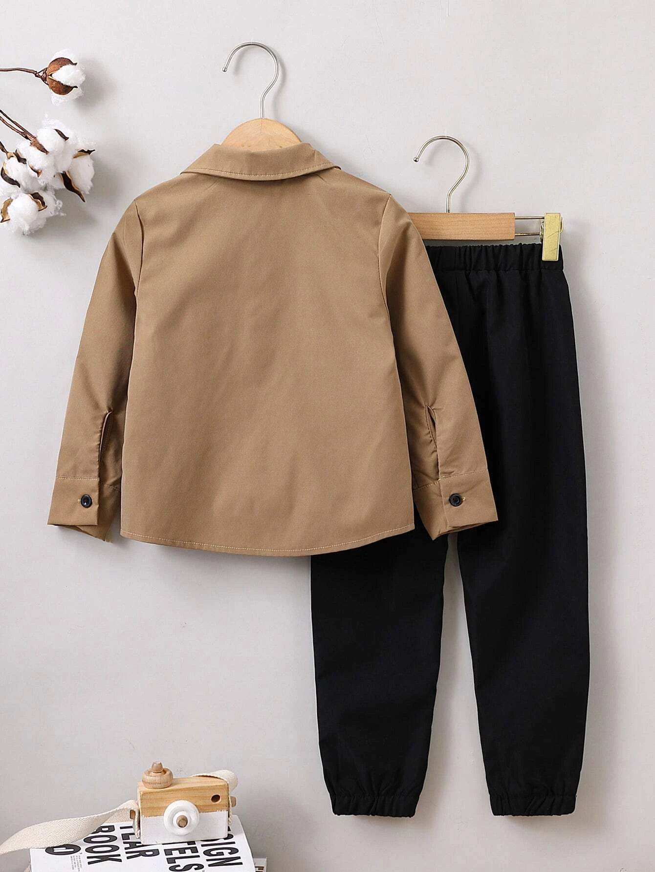 Boy's Letter Patched Detail Pocket Front Shirt & Pants Set - IRRAKIDS