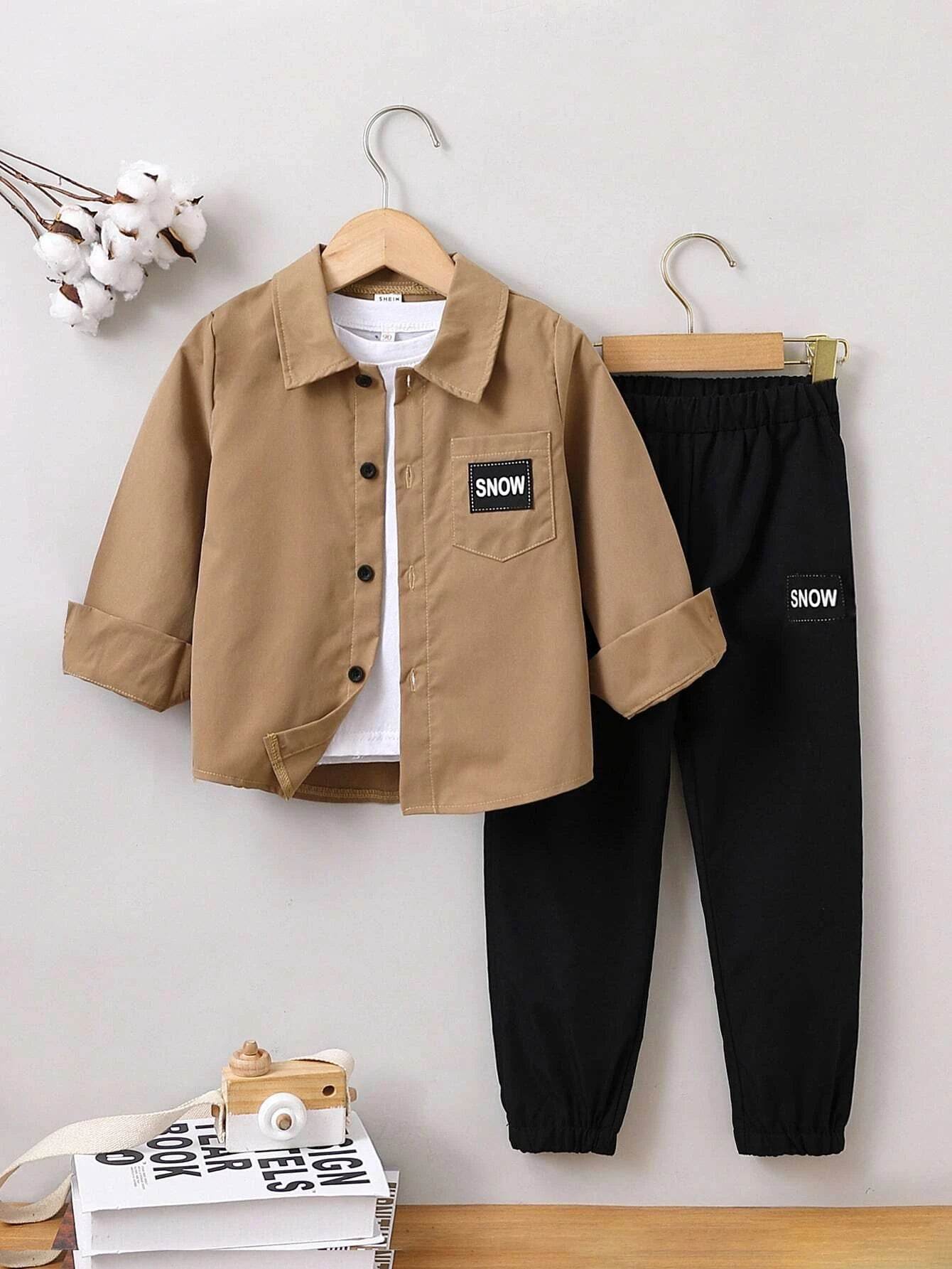 Boy's Letter Patched Detail Pocket Front Shirt & Pants Set - IRRAKIDS