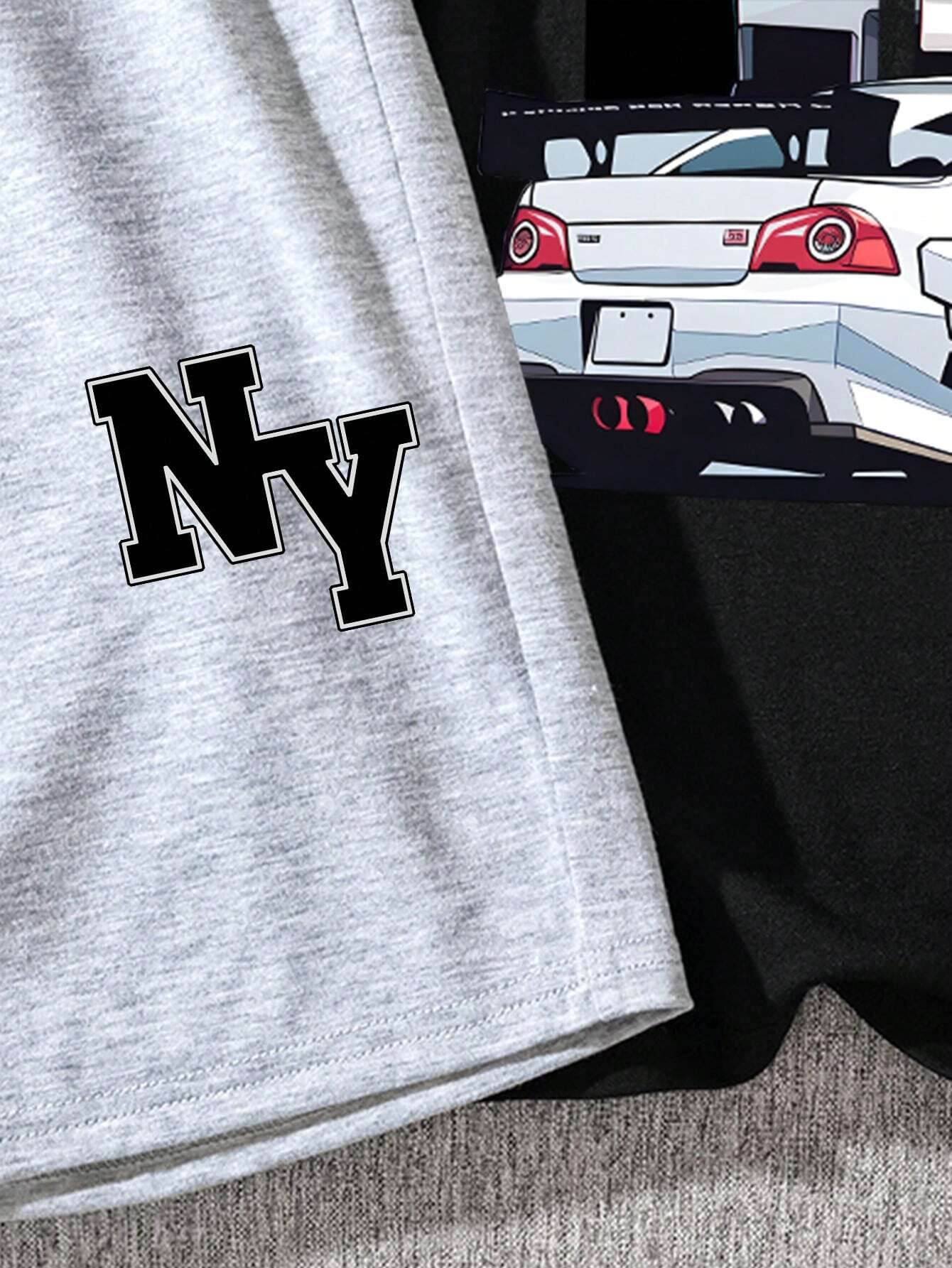 Summer Fun: Casual Car Pattern T-Shirt & Letter Print Shorts Suit - IRRAKIDS