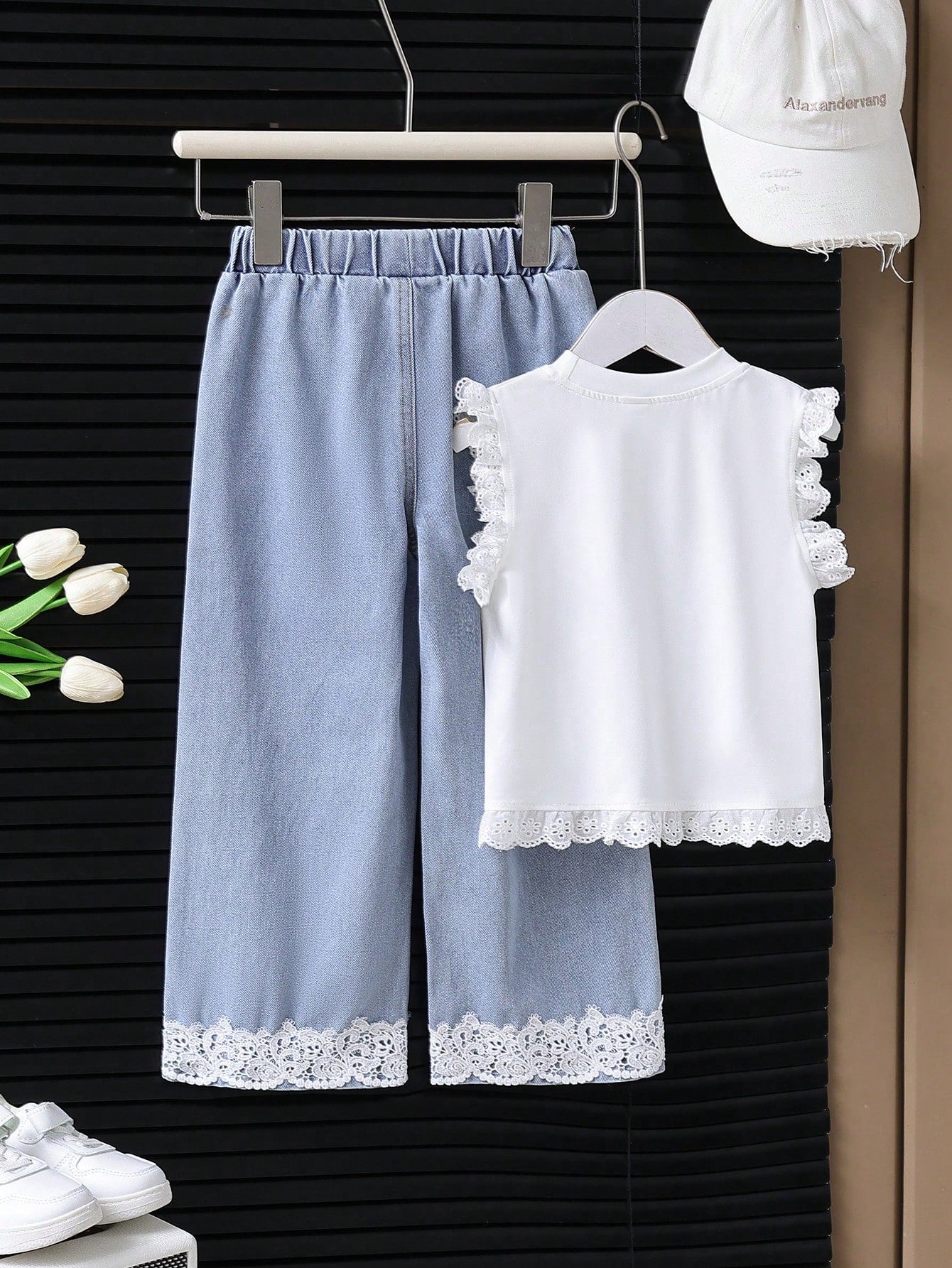 Toddler Girls Summer 2-Piece Set—Bowknot Top & Lace Wide Leg Pants