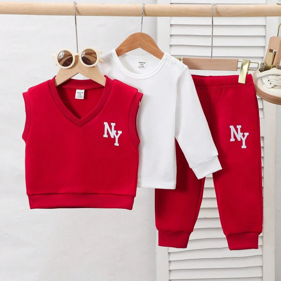 Ensemble 3 pièces pour tout-petits garçons, t-shirt à manches longues à imprimé New York + pantalon imprimé de couleur unie, automne/hiver