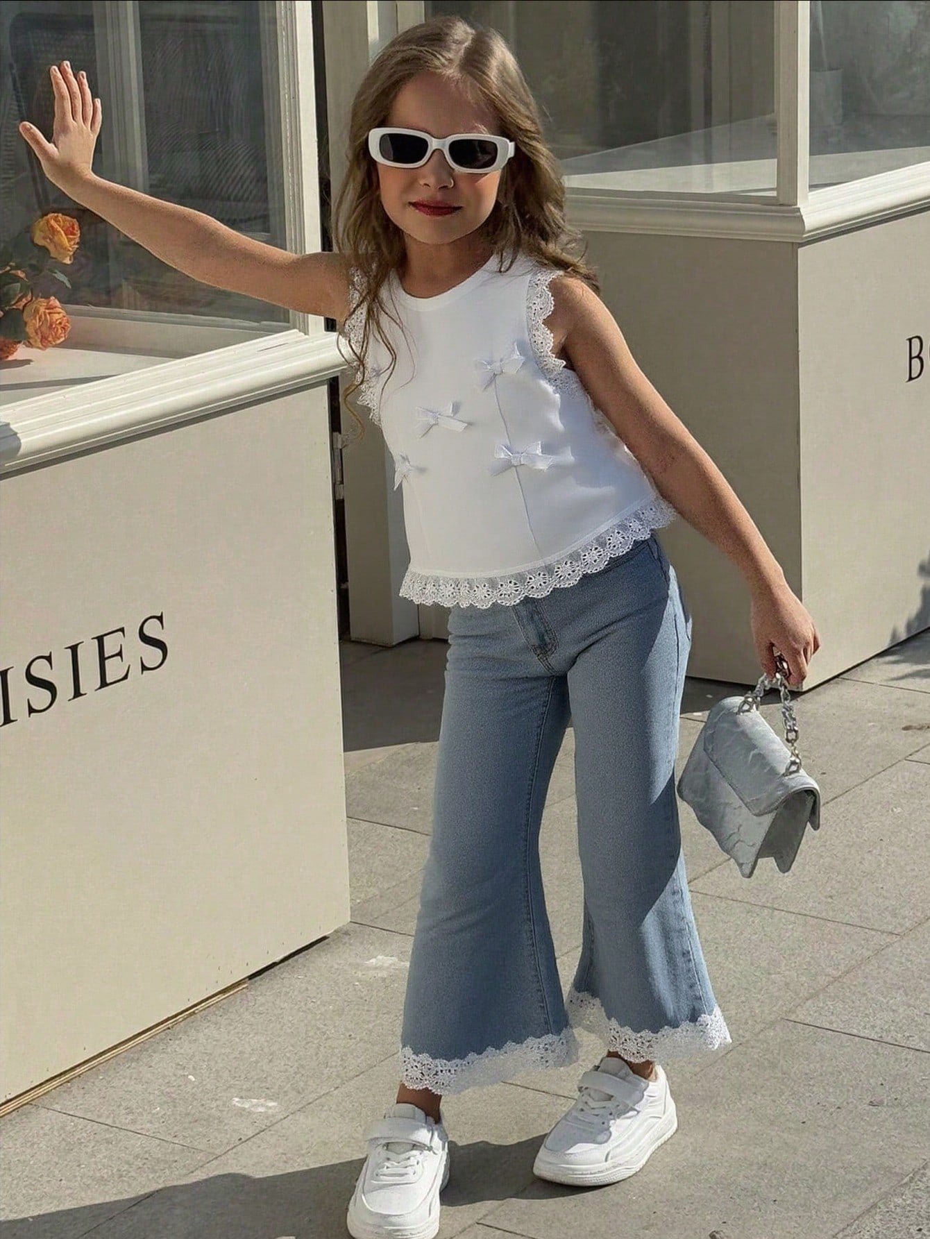 Toddler Girls Summer 2-Piece Set—Bowknot Top & Lace Wide Leg Pants