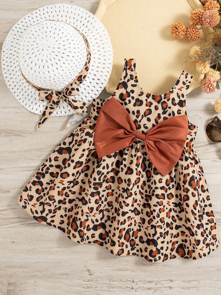 Ensemble deux pièces 100 % coton, robe léopard à col carré, sans manches, nœud papillon et chapeau