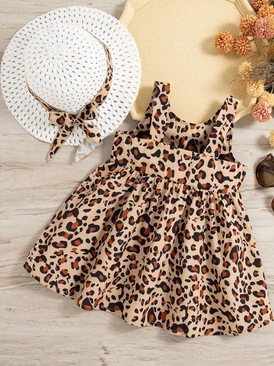 Ensemble deux pièces 100 % coton, robe léopard à col carré, sans manches, nœud papillon et chapeau