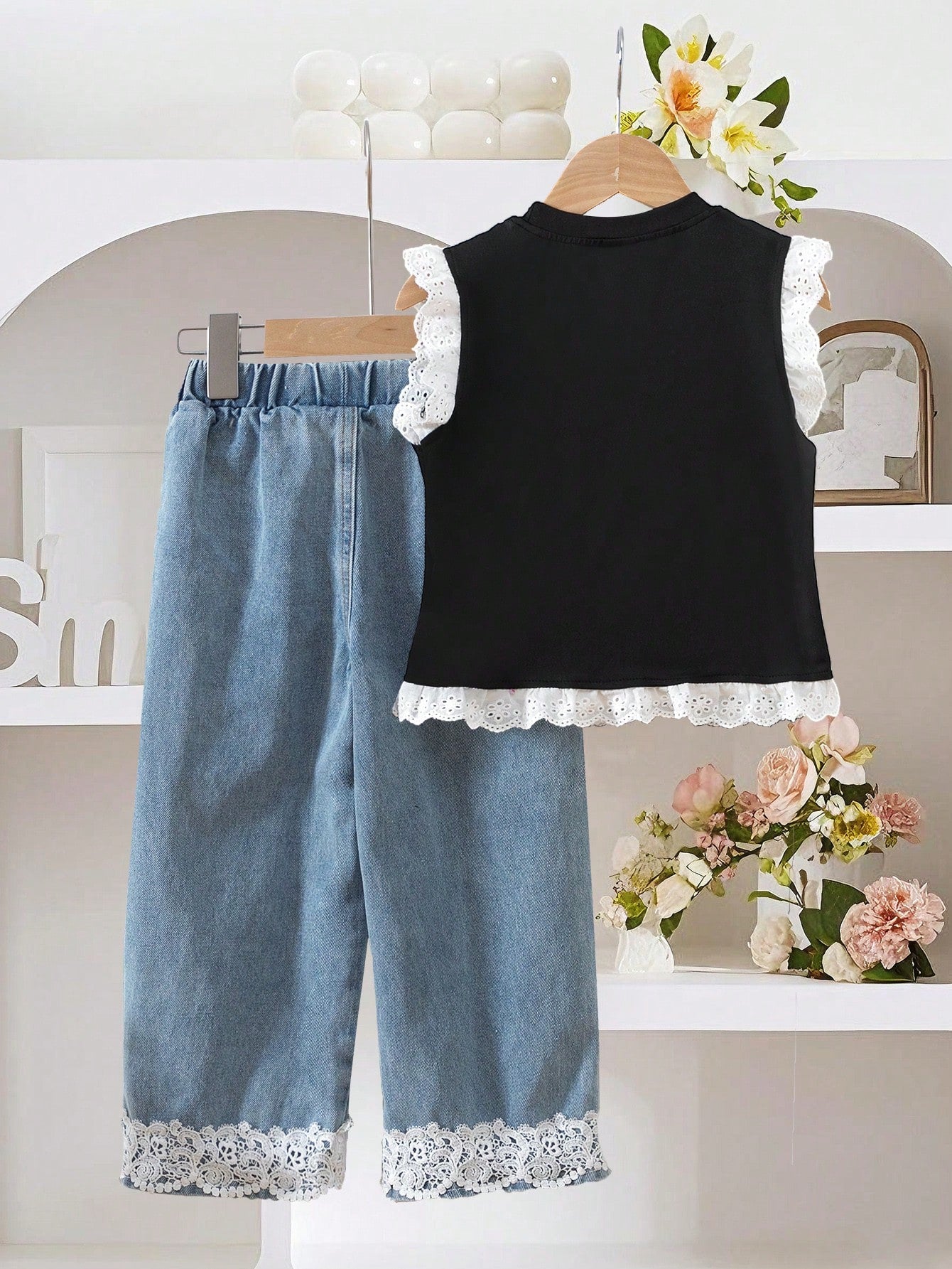 Toddler Girls Summer 2-Piece Set—Bowknot Top & Lace Wide Leg Pants