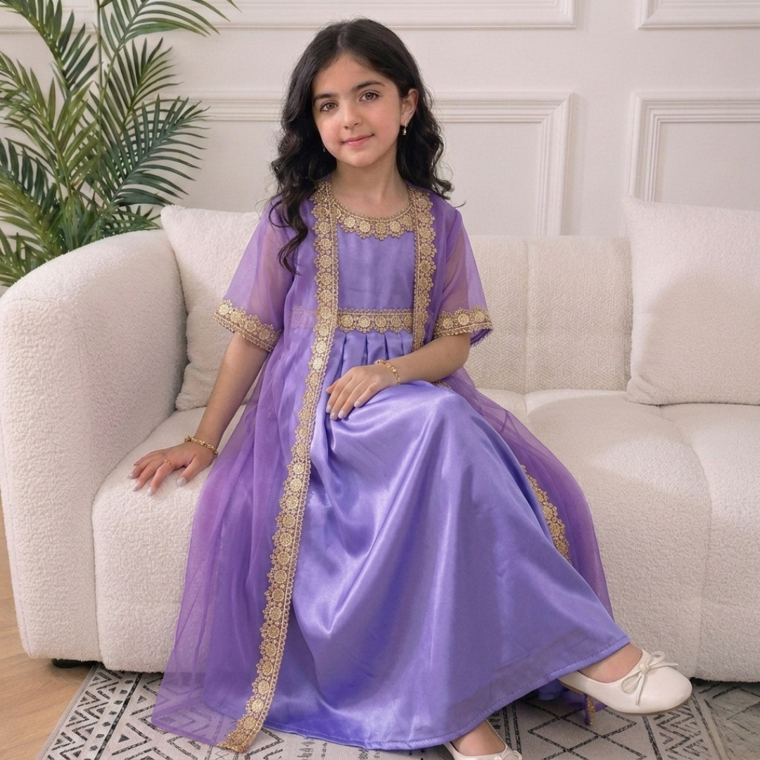Girls Elegant Satin & Net Party Dress with Embroidered Lace Cape Overlay