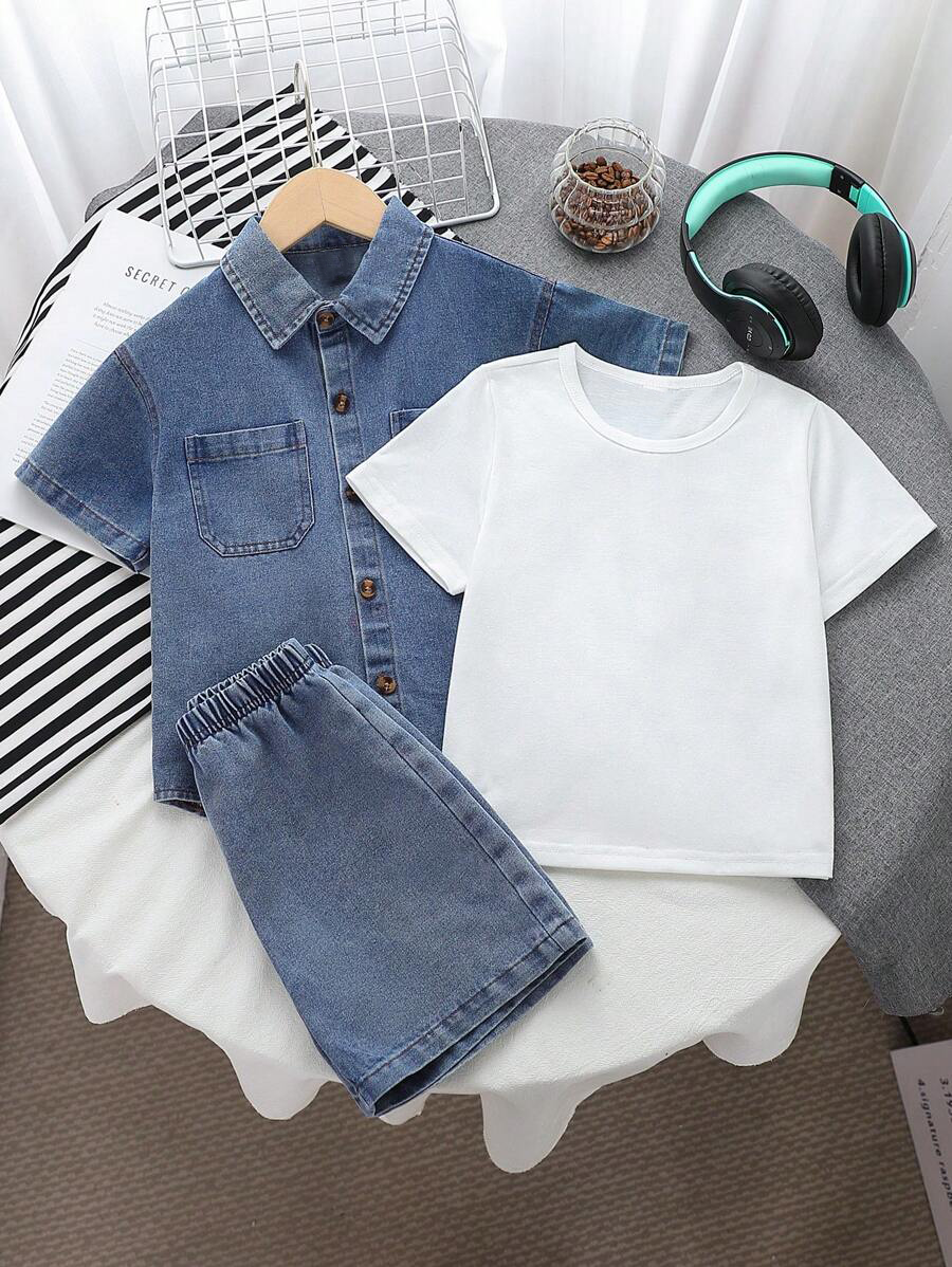 Toddler Boys 3-Piece Denim Summer Set: Shirt, T-shirt & Shorts