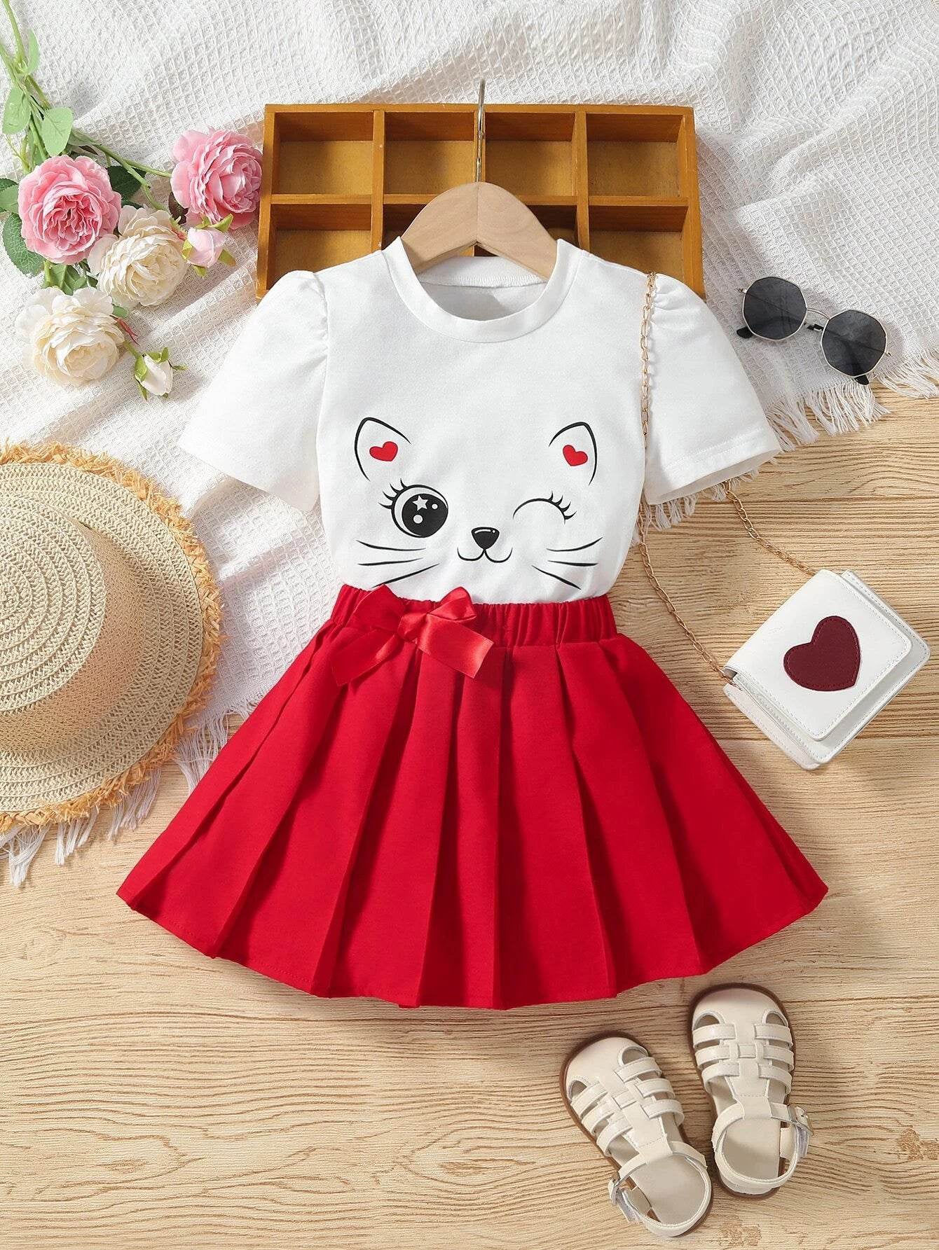Young Girl's Cartoon Graphic T-shirt & Pleated Skirt