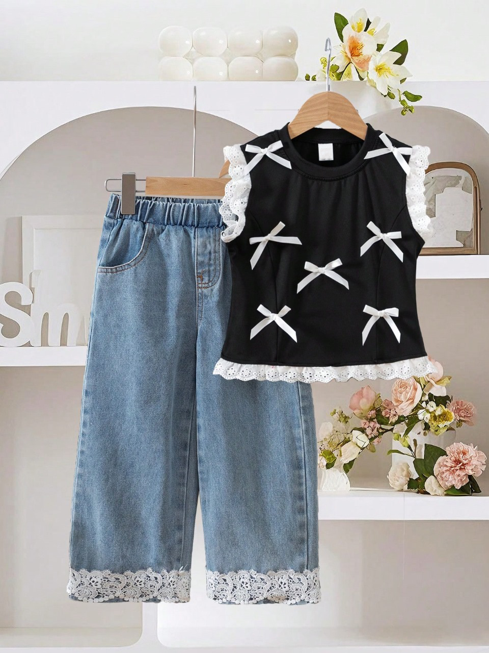 Toddler Girls Summer 2-Piece Set—Bowknot Top & Lace Wide Leg Pants