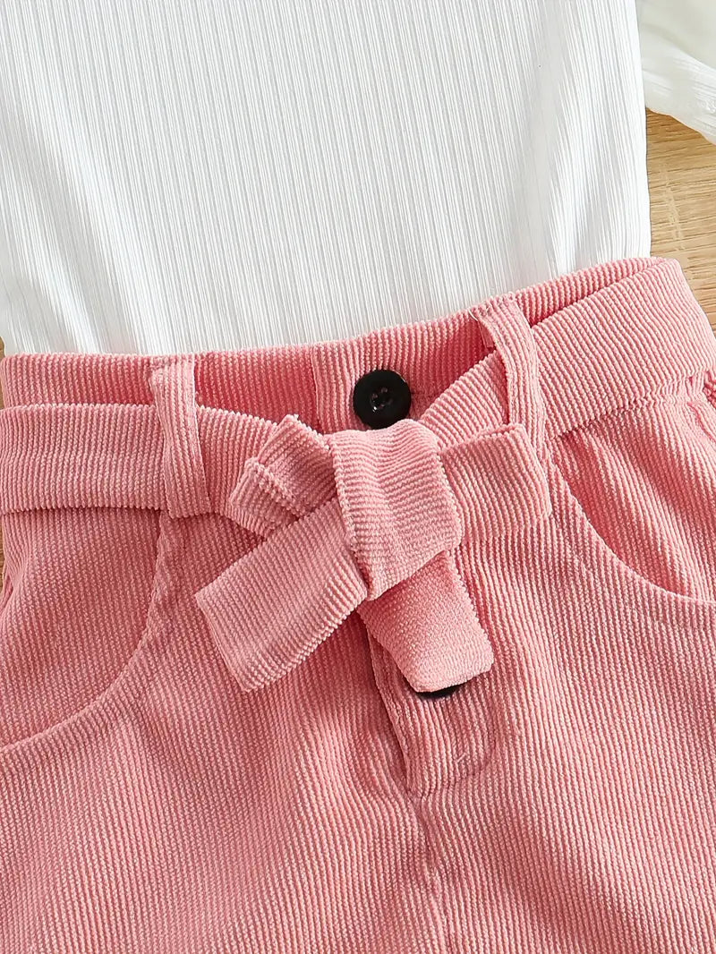 New European & American Girls' Ribbed Ruffle Sleeve Top and Corduroy Skirt Set