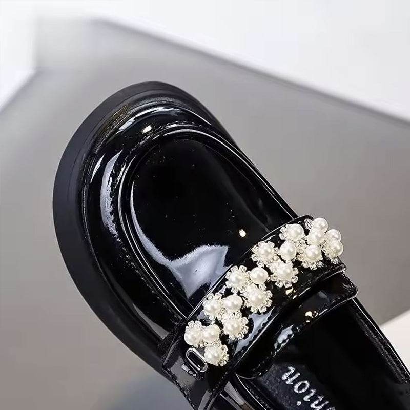 Chic & Classy: Black and Beige Glossy Fashion Leather Shoes for Girls - IRRAKIDS