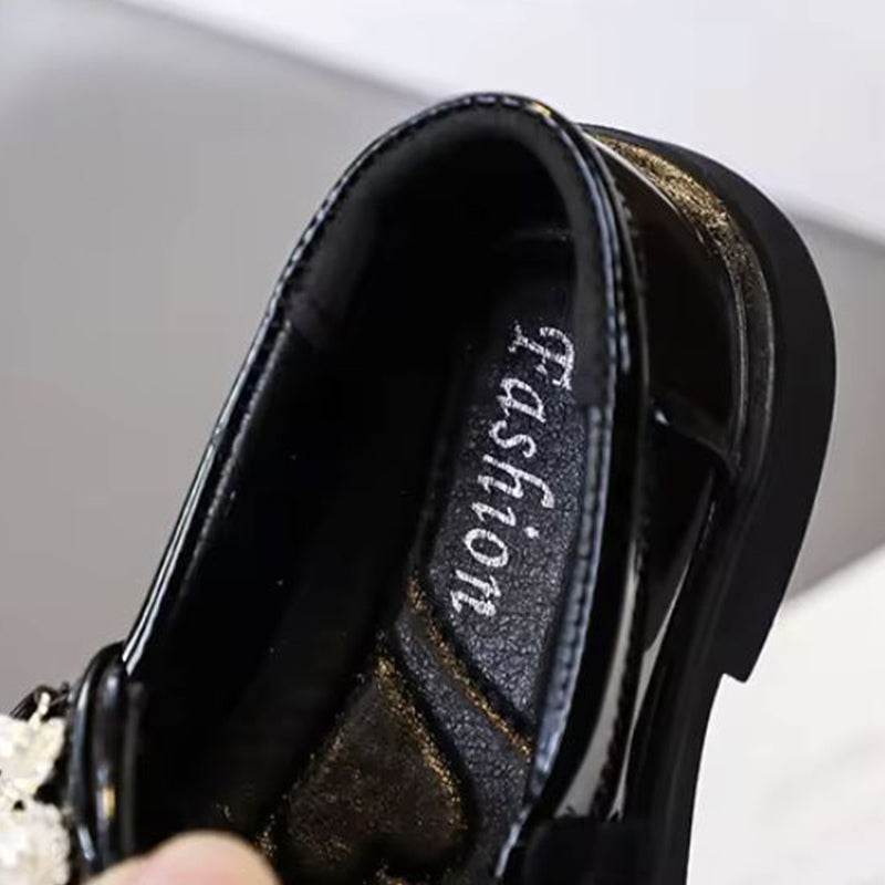 Chic & Classy: Black and Beige Glossy Fashion Leather Shoes for Girls - IRRAKIDS