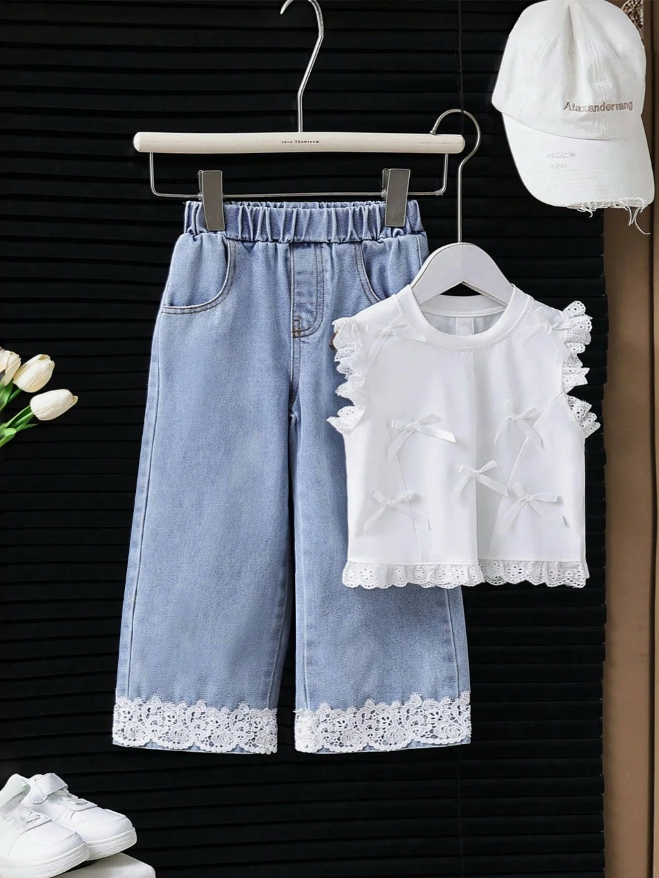 Toddler Girls Summer 2-Piece Set—Bowknot Top & Lace Wide Leg Pants
