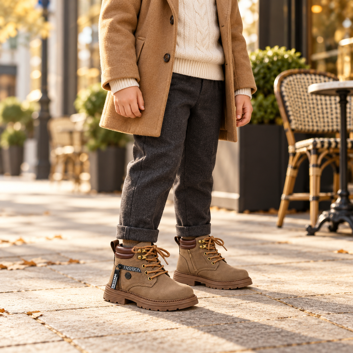 Bottines pour enfant à lacets sur le devant, fermeture éclair latérale, col rembourré et semelle épaisse – Élégantes bottines effet daim en noir, camel et kaki pour les tenues d’automne et d’hiver
