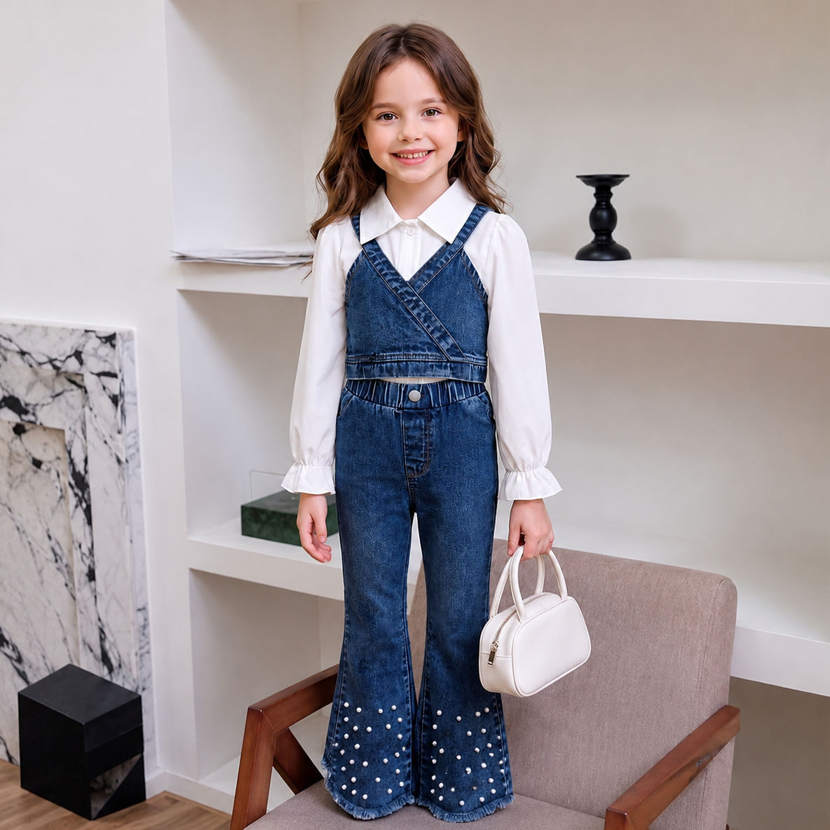 Girls' 3-Piece Denim Flare Pants Set with White Puff Sleeve Shirt & Layered Denim Camisole