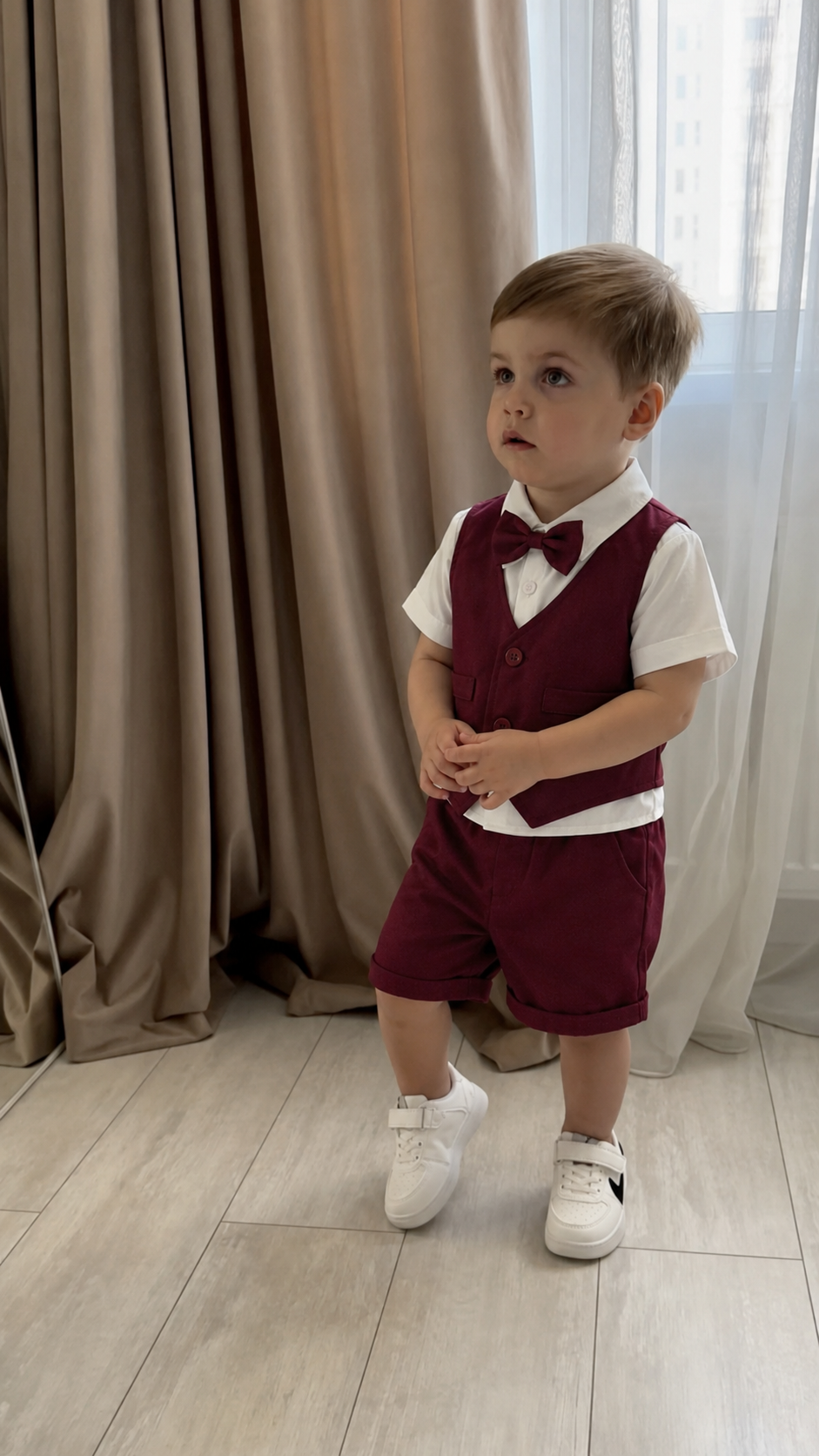 Boys Formal Outfit Set – Elegant Shirt, Vest & Shorts with Bow Tie