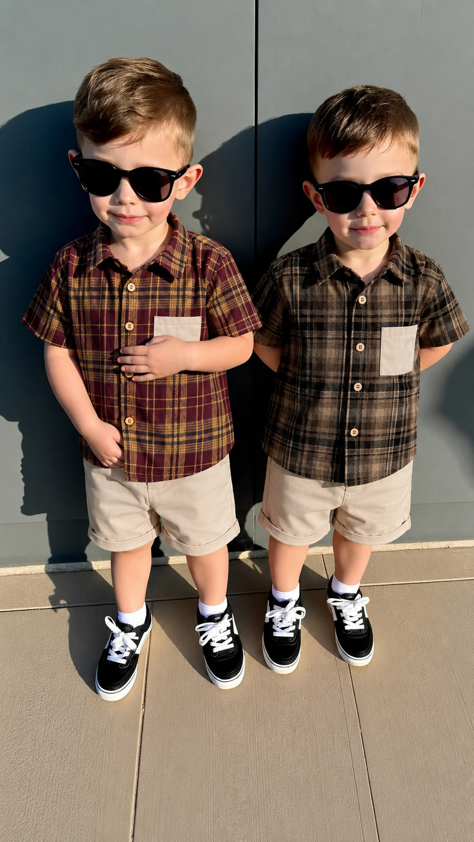Boys 2-Piece Summer Outfit – Plaid Shirt & Beige Shorts Set