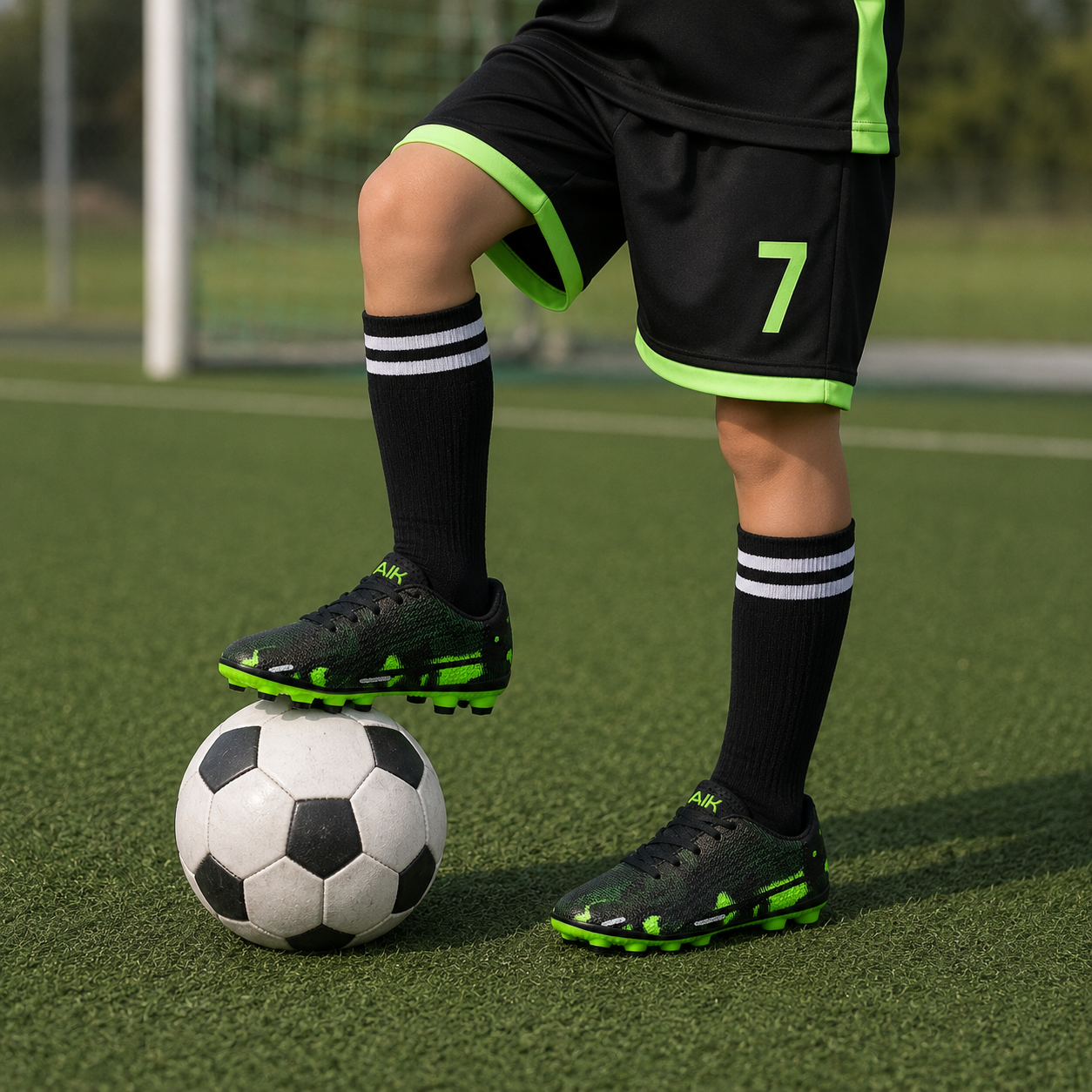 Chaussures de football légères pour enfants – Noir et vert fluo
