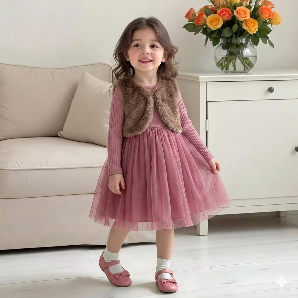 🌸 Ensemble robe en tulle Princesse élégante pour filles avec gilet en fausse fourrure