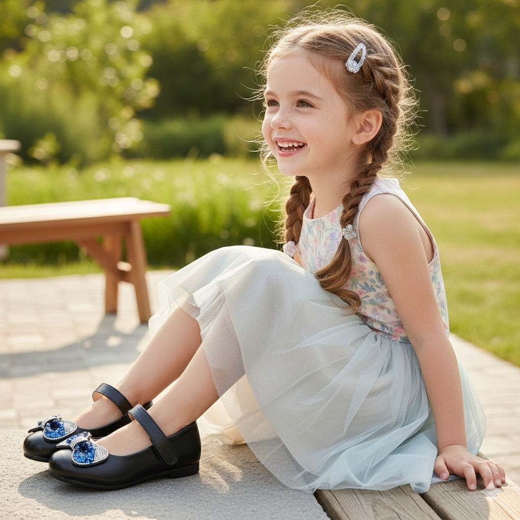 Princess Bow Mary Jane Shoes – Elegant Sparkle for Little Girls ✨