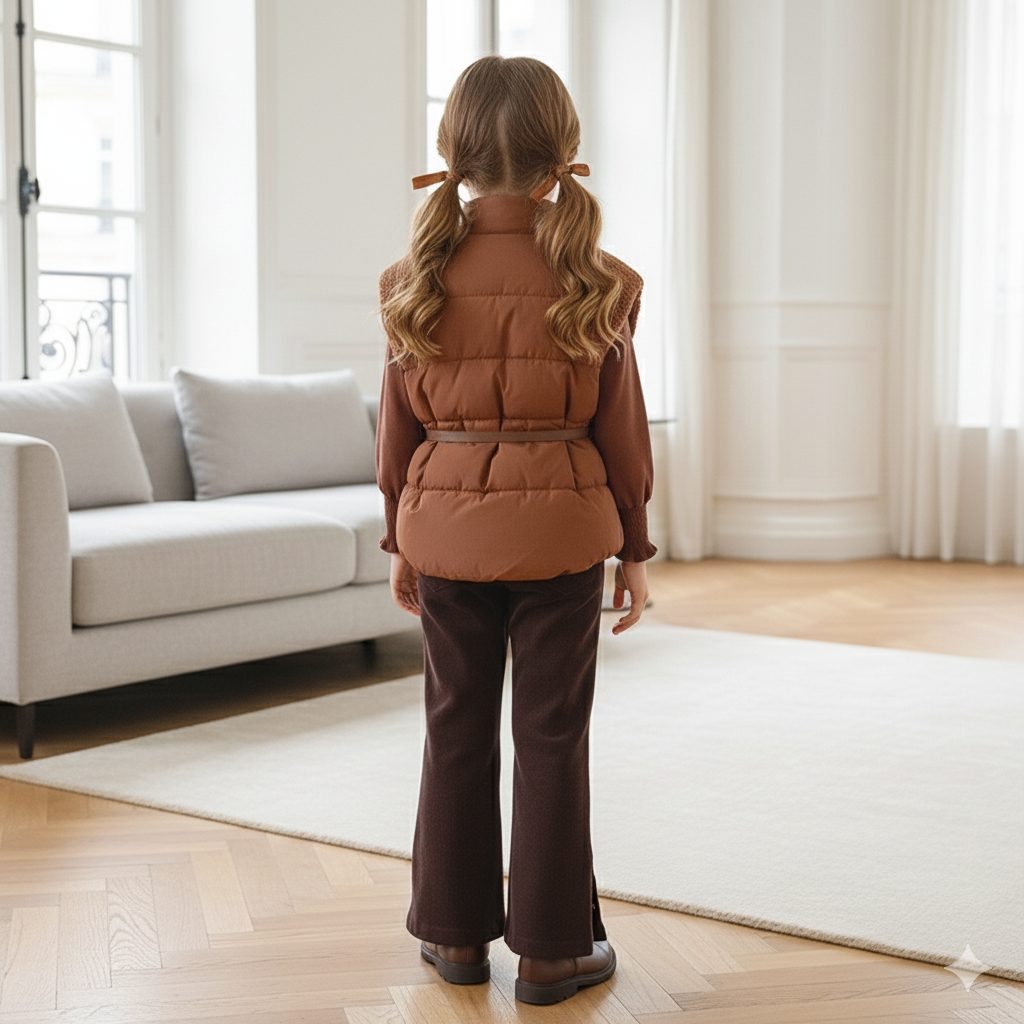 Tenue d'hiver élégante pour enfants : doudoune avec ceinture et pantalon en velours côtelé