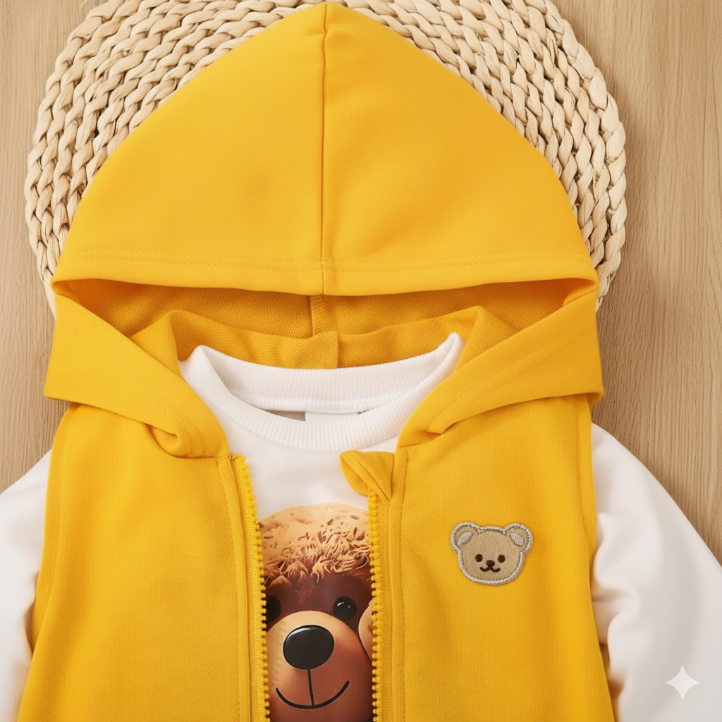 3-piece outfit set for boys and girls: a t-shirt with a bear print, a hooded sweatshirt, and sports pants.3-piece outfit set for boys and girls: a t-shirt with a bear print, a hooded sweatshirt, and sports pants.
