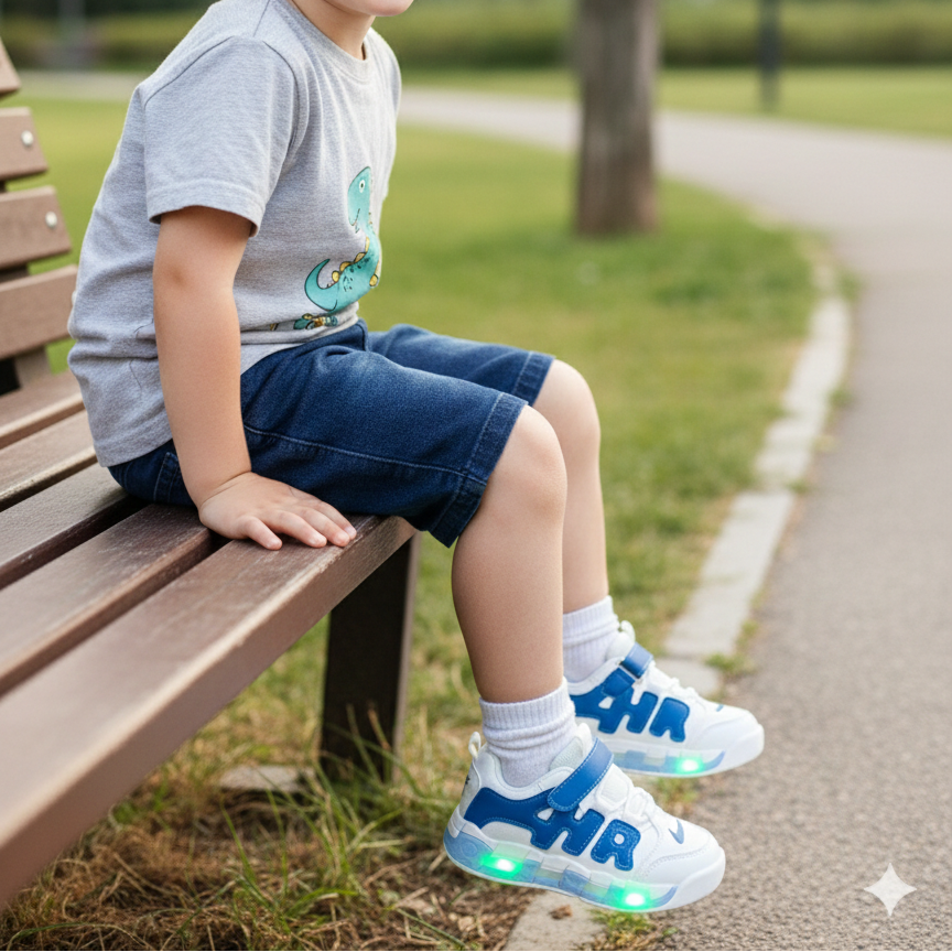 Kids LED light-up sneakers in four color options& with breathable mesh panels, hook-and-loop straps, and transparent soles that glow while walking.