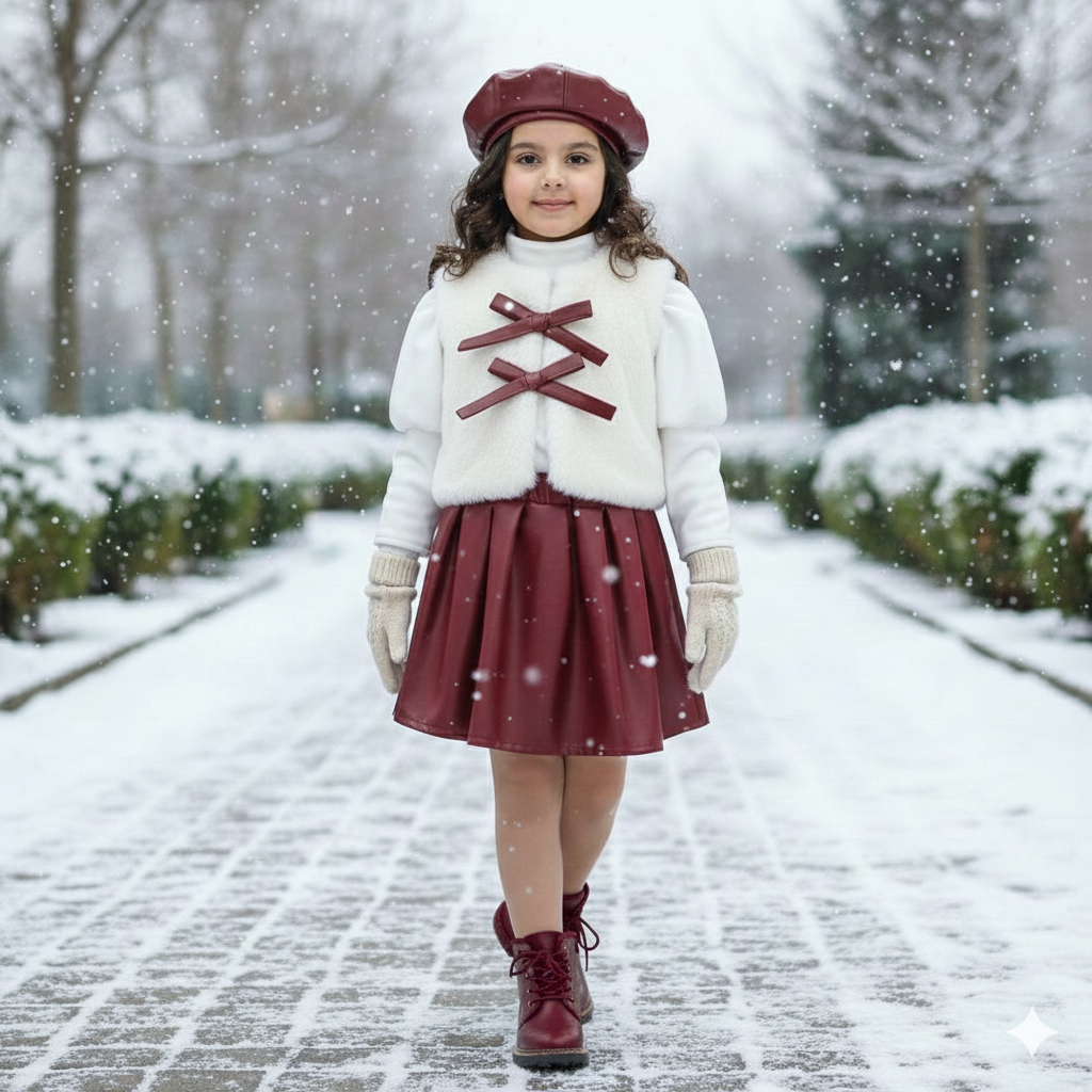 Girls Elegant Winter Outfit Set – Faux Fur Vest, Puff-Sleeve Top, Pleated Skirt & Matching Beret