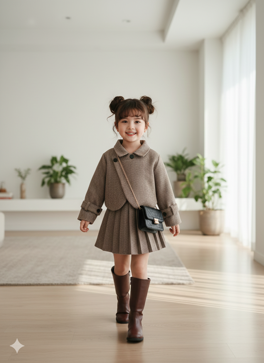 Ensemble deux pièces automne/hiver pour fille : manteau à revers en tweed décontracté et jupe plissée rétro