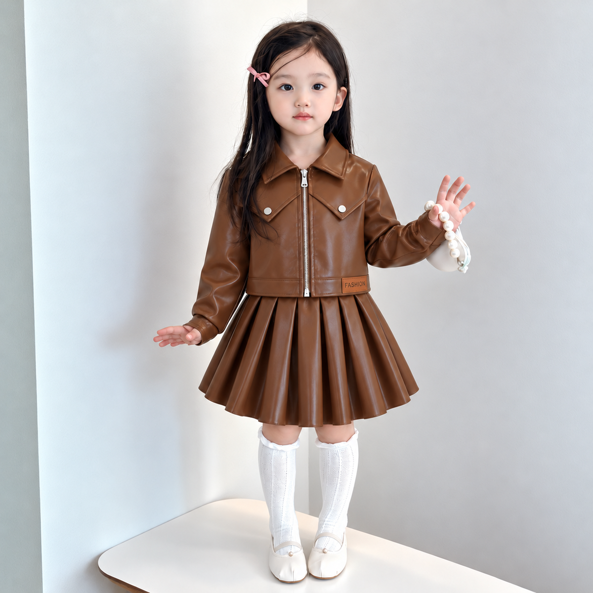Ensemble deux pièces effet cuir pour fille avec veste zippée à col et jupe plissée – Marron ou noir