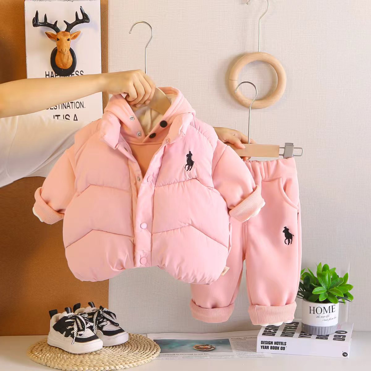 Children's winter hooded sweatshirt suit new style boy baby winter clothing plus velvet thickened vest three-piece set