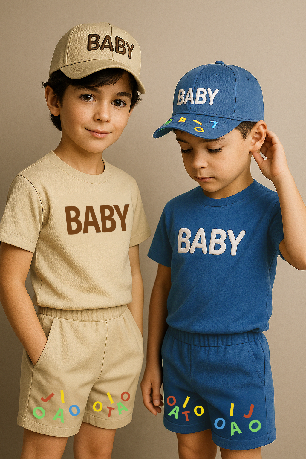 Boys’ “BABY” Cotton Summer Outfit Set with Matching Cap – Available in Blue & Beige