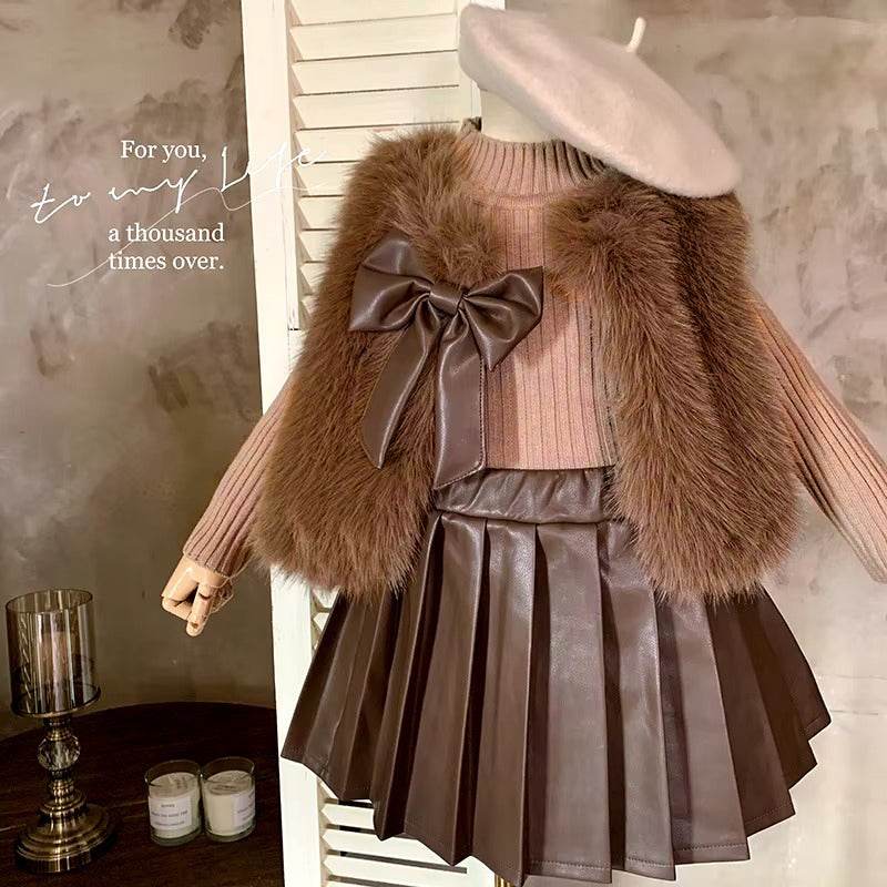 Girls Clothes Set Autumn Winter children Fashion Woolen Sweater Coat Knitted Tops + Long Sleeve Top+Velvet Pleated Leather Skirt Fashion - IRRAKIDS