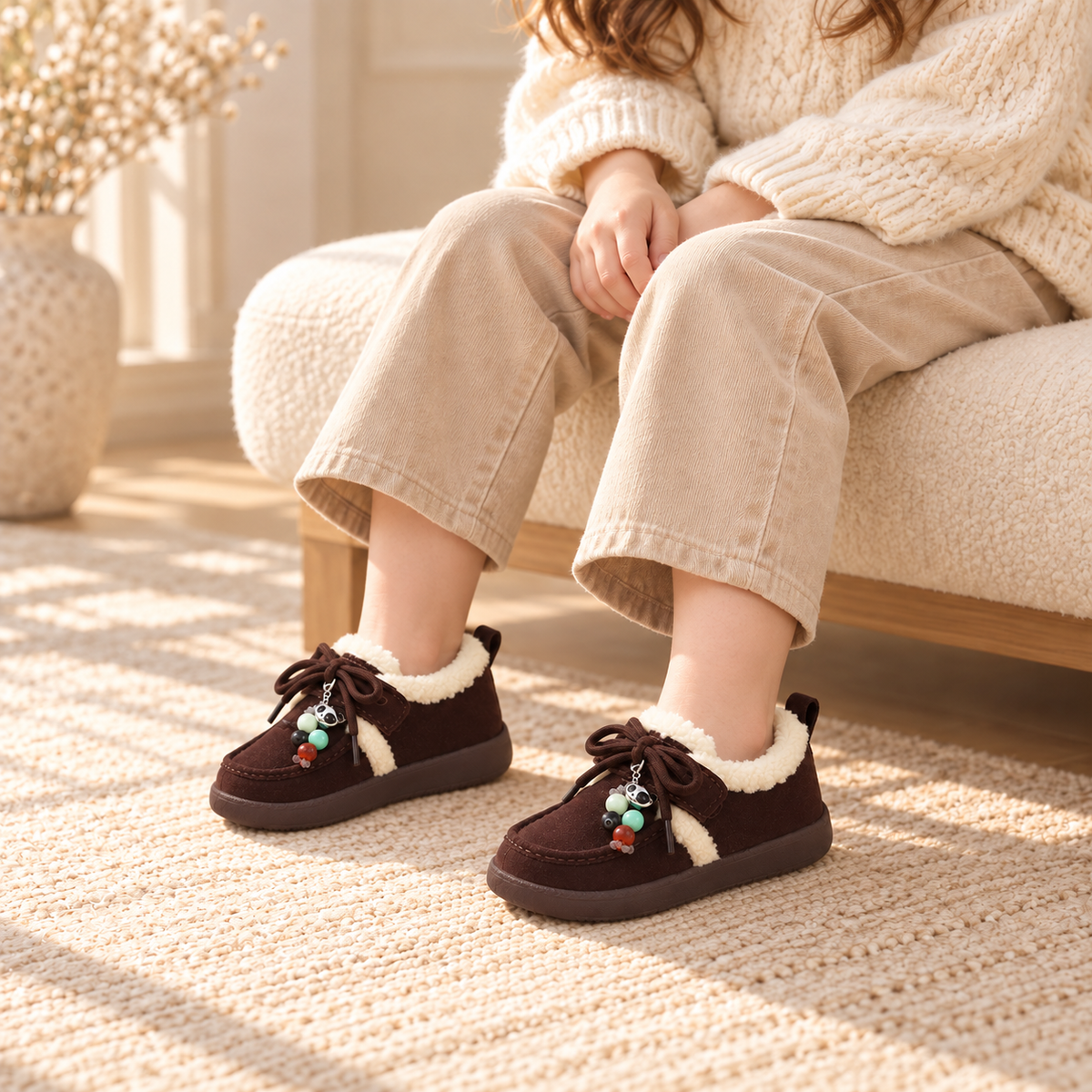 Little Charm Kids’ Moccasin Shoes with Cozy Fleece Trim, Bow Laces and Colorful Bead Details – A Charming Style for Autumn and Winter
