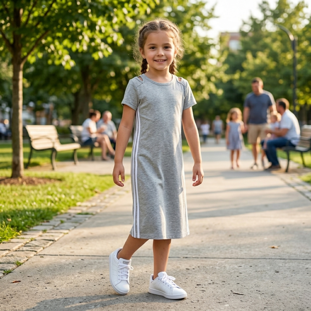 Girls’ Light Grey Side-Stripe Midi Dress with Short Sleeves