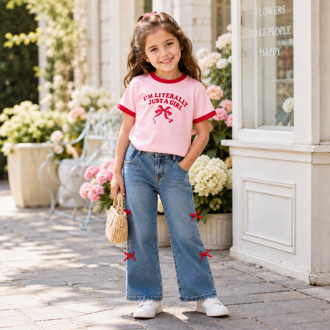 Ensemble T-shirt imprimé nœud « I'm Literally Just a Girl » et jean large en denim avec rubans pour fille