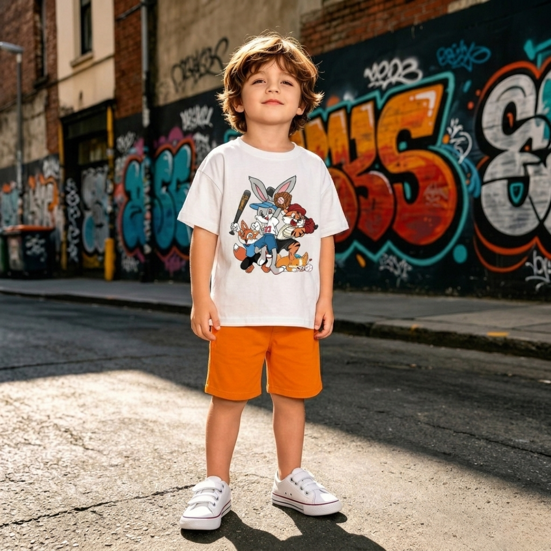 Kids Cartoon Baseball Team Summer Set – White Graphic T-Shirt & Bright Shorts (2-Piece Outfit)
