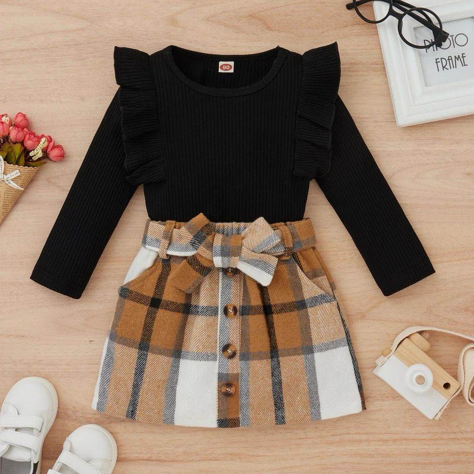 trendy 2Pcs Autumn Ensemble – Stylish Long Sleeve Tops and Playful Plaid Skirts - IRRAKIDS