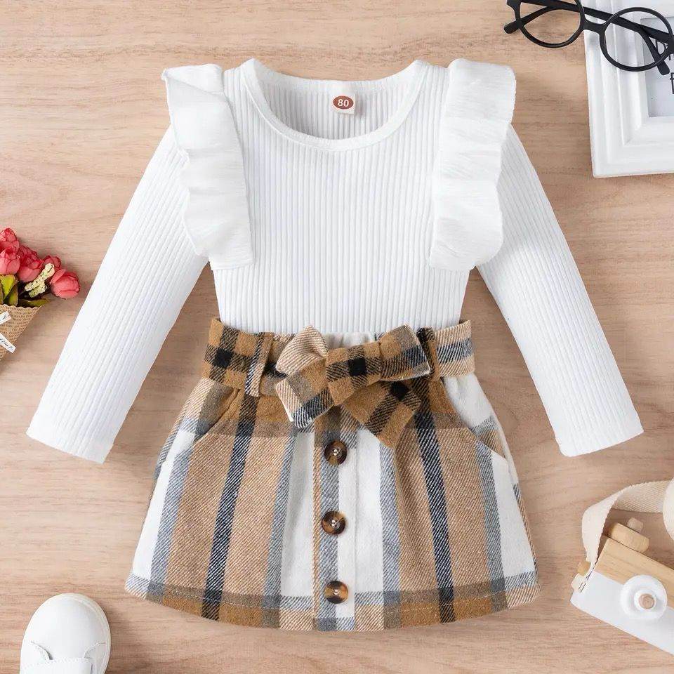 trendy 2Pcs Autumn Ensemble – Stylish Long Sleeve Tops and Playful Plaid Skirts - IRRAKIDS