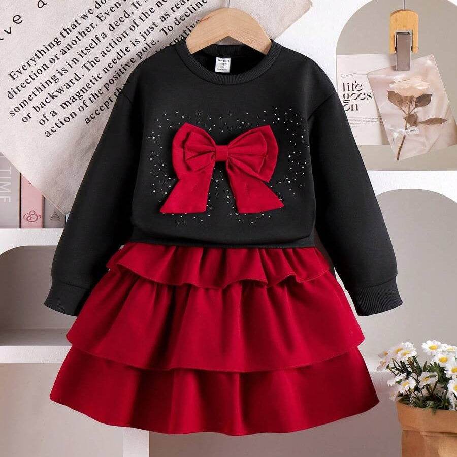 2 Pieces Young Girl Spring and Autumn 2025 New Style Children Bow Sweatshirt and Cake Skirt Two-Piece Set - IRRAKIDS