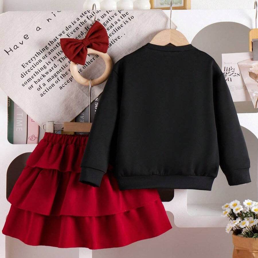 2 Pieces Young Girl Spring and Autumn 2025 New Style Children Bow Sweatshirt and Cake Skirt Two-Piece Set - IRRAKIDS