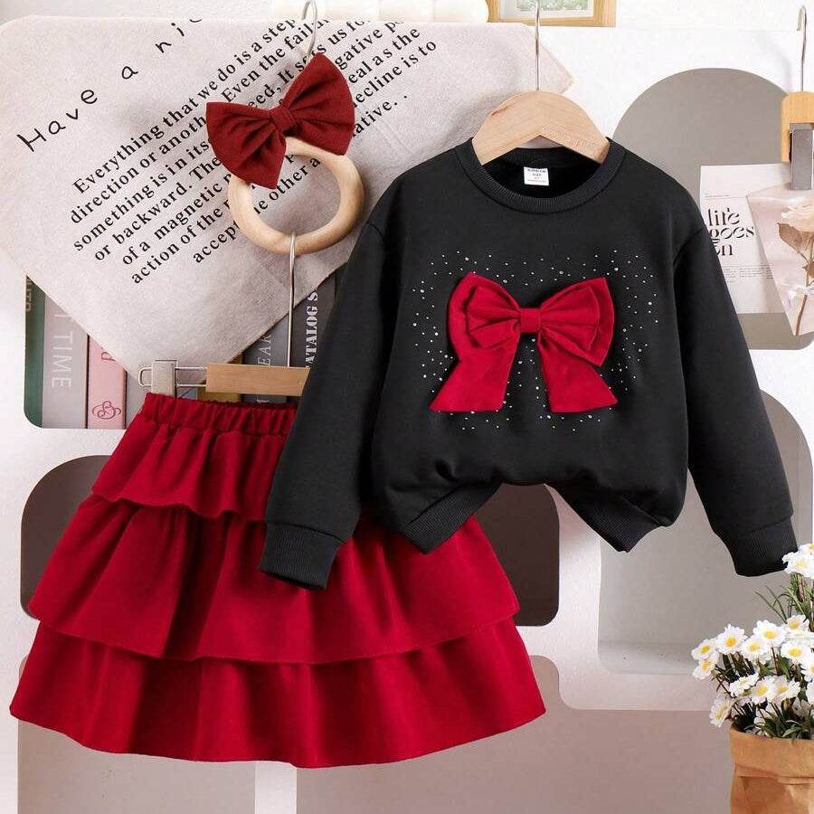2 Pieces Young Girl Spring and Autumn 2025 New Style Children Bow Sweatshirt and Cake Skirt Two-Piece Set - IRRAKIDS