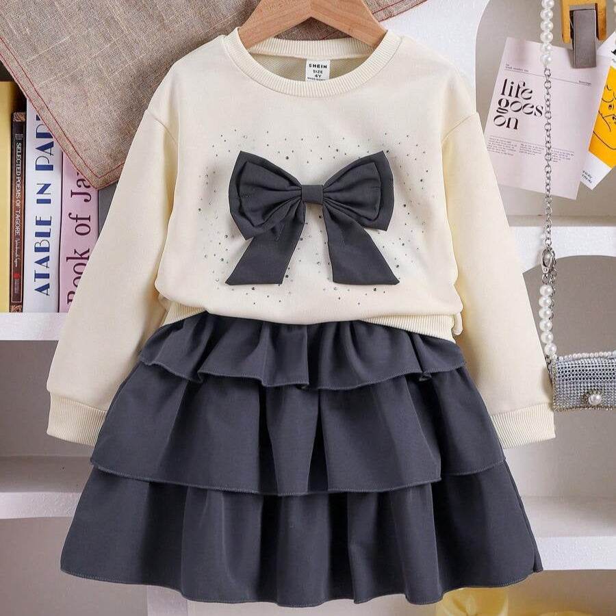 2 Pieces Young Girl Spring and Autumn 2025 New Style Children Bow Sweatshirt and Cake Skirt Two-Piece Set - IRRAKIDS