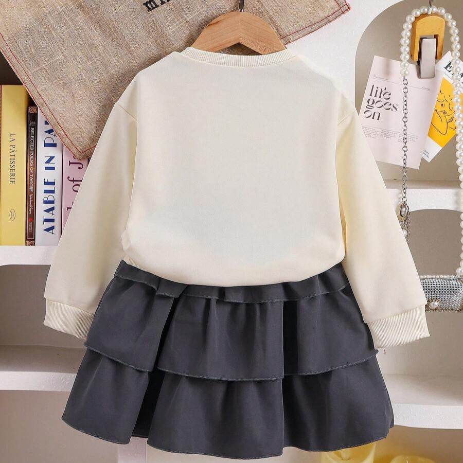 2 Pieces Young Girl Spring and Autumn 2025 New Style Children Bow Sweatshirt and Cake Skirt Two-Piece Set - IRRAKIDS