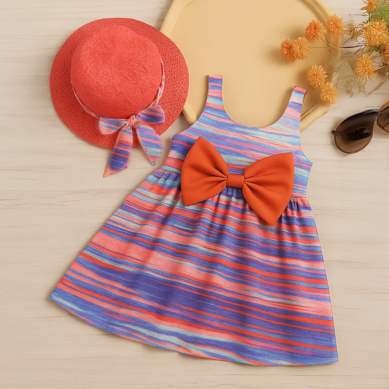 Girls' colorful summer dress with a stylish hat and a large bow tie