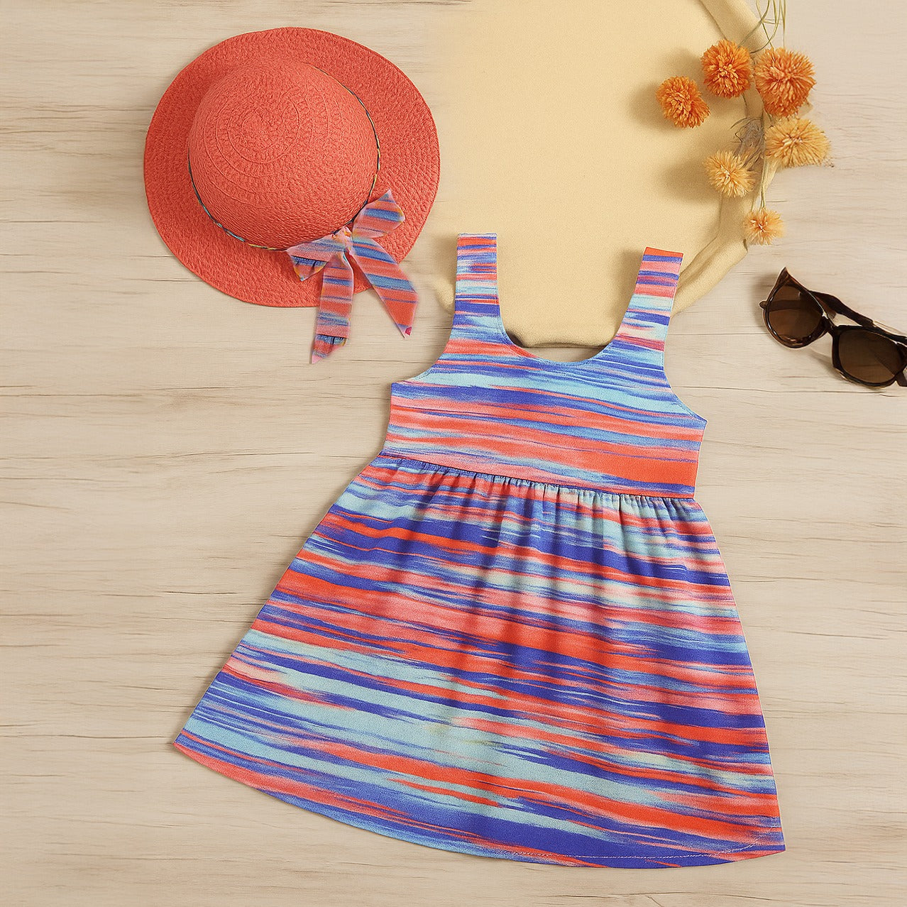Girls' colorful summer dress with a stylish hat and a large bow tie