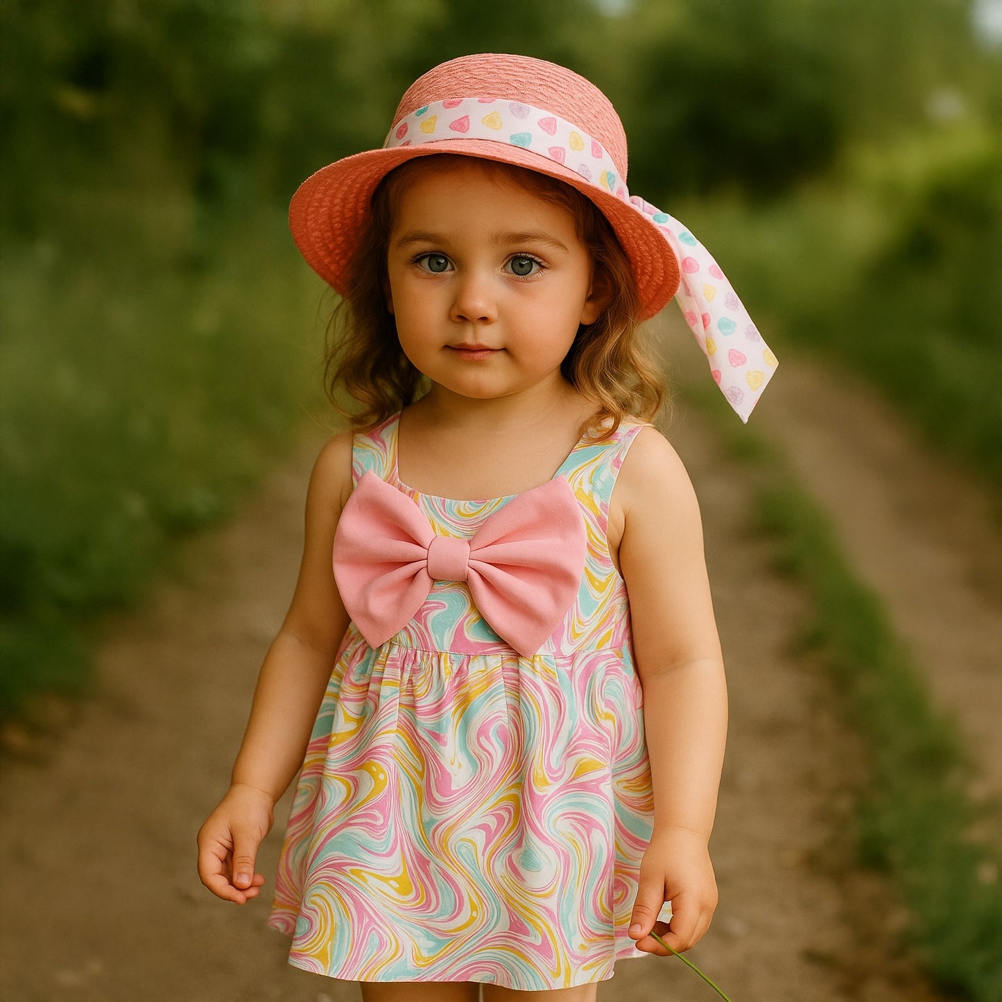 Robe d'été colorée pour fille avec un chapeau élégant et un grand nœud papillon 2