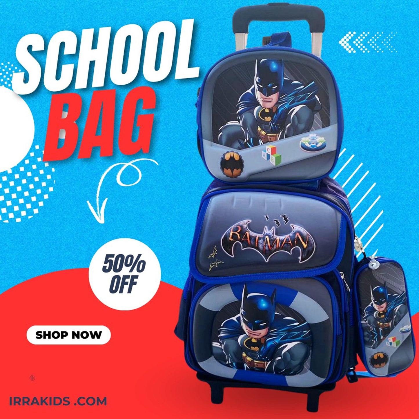 Stylish 3-Piece Cartoon Design Rolling School Bag Set for Kids